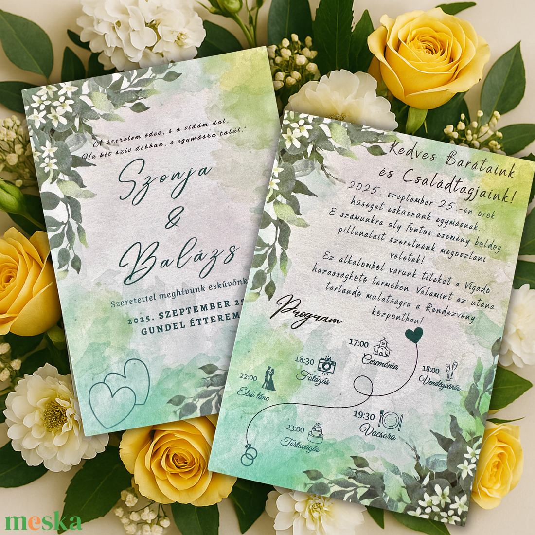 Zöld és sárga virágos esküvői meghívó, akvarell mintával, természetközeli stílusban, elegáns növénydíszítéssel - esküvő - meghívó & kártya - meghívó - Meska.hu