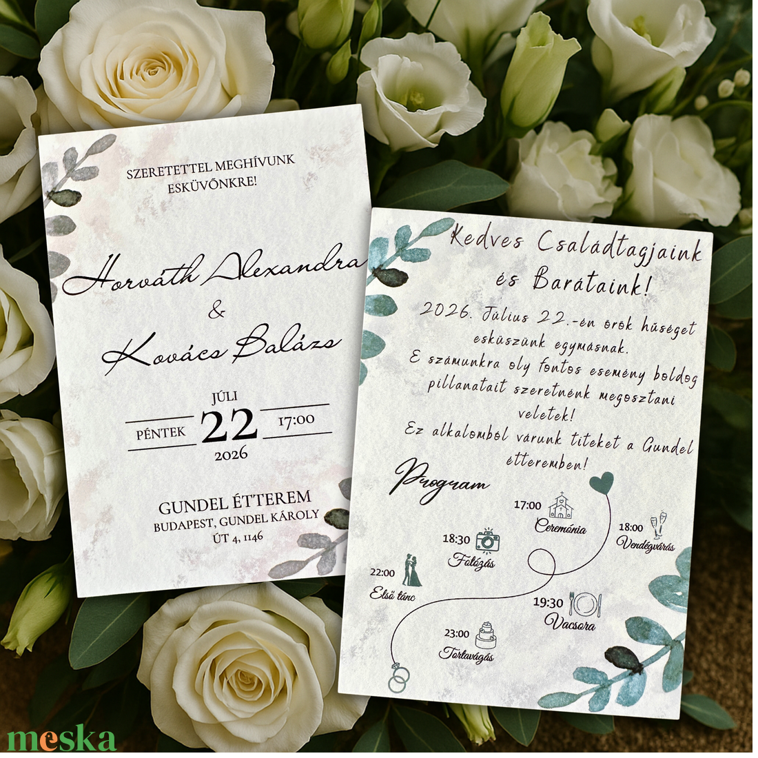 Letisztult esküvői meghívó eukaliptusz levelekkel, zöld akvarell mintával, elegáns arany kerettel - esküvő - meghívó & kártya - meghívó - Meska.hu