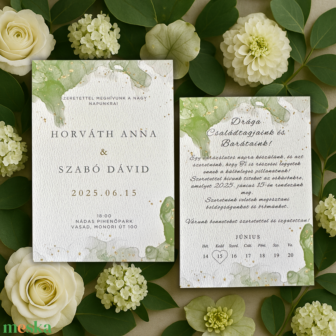 Zöld akvarell mintás, arany pöttyös elegáns esküvői meghívó, modern stílusú, természetközeli, virágos dizájnnal - esküvő - meghívó & kártya - meghívó - Meska.hu