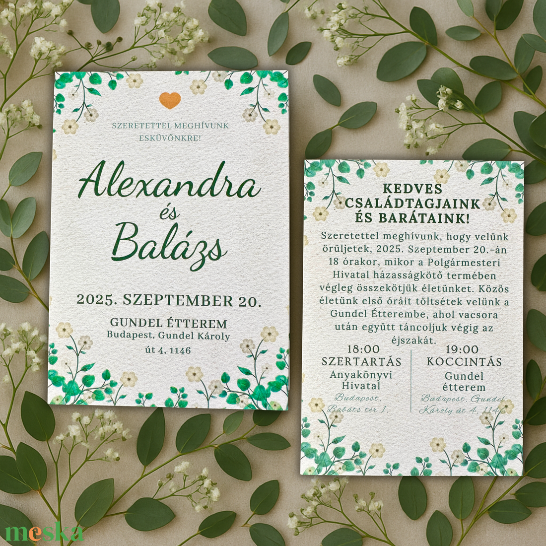 Zöld levélmintás esküvői meghívó vintage virágdíszítéssel  természetközeli romantikus design - esküvő - meghívó & kártya - meghívó - Meska.hu