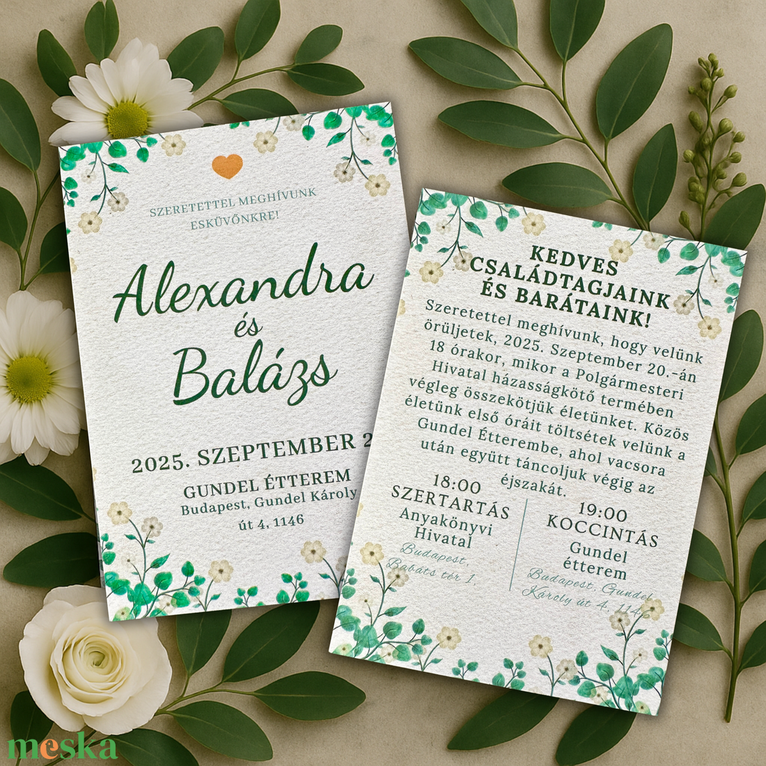 Zöld levélmintás esküvői meghívó vintage virágdíszítéssel  természetközeli romantikus design - esküvő - meghívó & kártya - meghívó - Meska.hu
