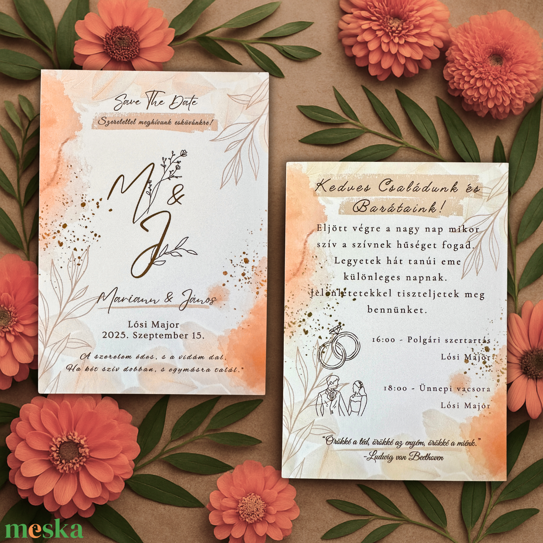 Barna és korallos árnyalatú esküvői meghívó  vintage stílusú romantikus és elegáns design - esküvő - meghívó & kártya - meghívó - Meska.hu