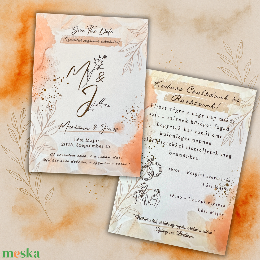 Barna és korallos árnyalatú esküvői meghívó  vintage stílusú romantikus és elegáns design - esküvő - meghívó & kártya - meghívó - Meska.hu