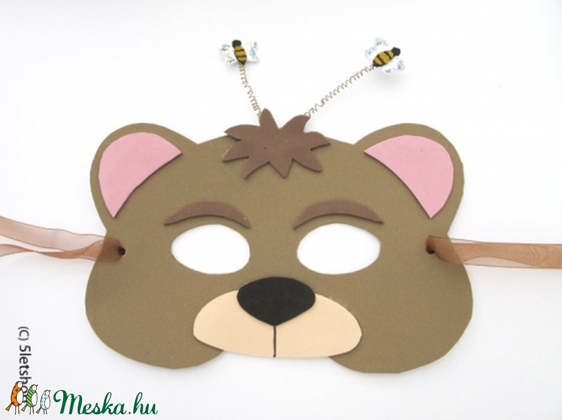 Mézéhes mackó - viselhető maszk, farsangi álarc, 3d rugón rezgő méhecske, kényelmes dekorgumi, medve, maci -  - Meska.hu