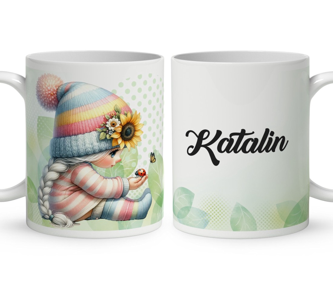 Névvel kérhető - Katicás napraforgós manó lány mintás bögre - otthon & életmód - konyhafelszerelés, tálalás - tálalás - bögre & csésze - Meska.hu