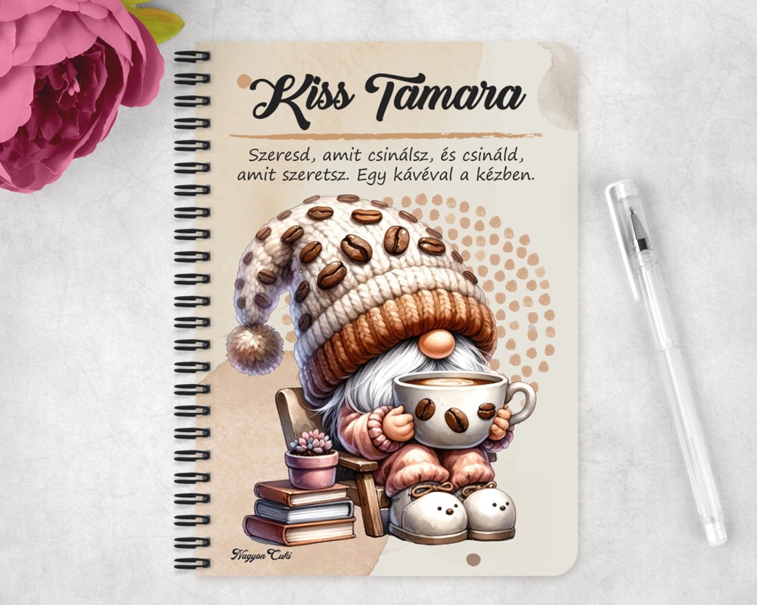 Személyre szabható - Cuki kávés manó könyvvel mintás A6-os füzet - otthon & életmód - papír, írószer - jegyzetfüzet & napló - Meska.hu