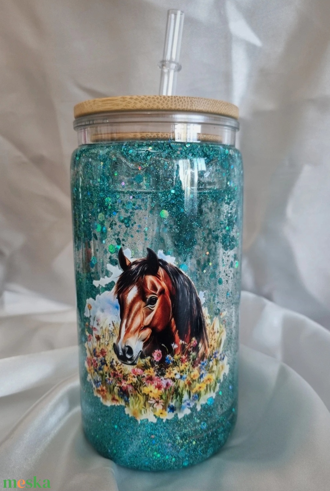 Egyedi dupla falú csillogós pohár türkiz lovas - otthon & életmód - konyhafelszerelés, tálalás - tálalás - pohár - Meska.hu