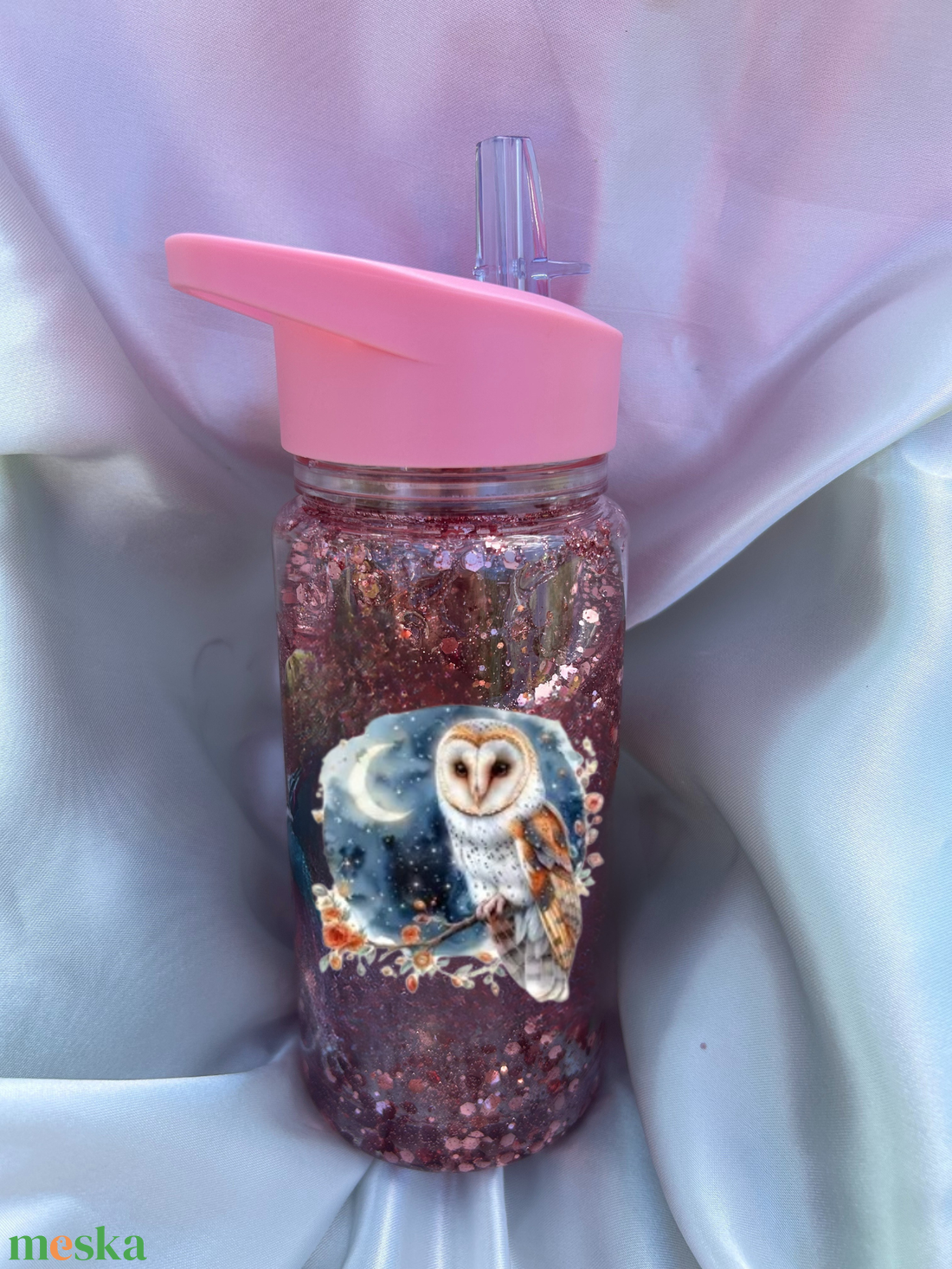 Mozgó csillámos kulacs baglyos iskolakezdésre, óvodába, szülinapra vagy csak úgy  - otthon & életmód - konyhafelszerelés, tálalás - italos kellékek - kulacsok - Meska.hu