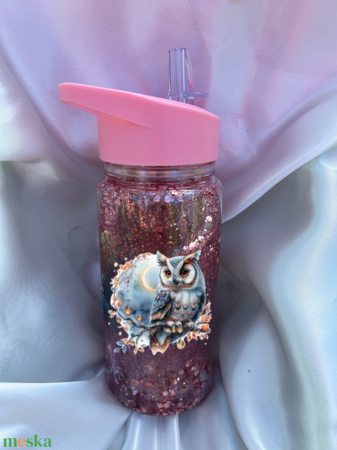 Mozgó csillámos kulacs baglyos iskolakezdésre, óvodába, szülinapra vagy csak úgy  - otthon & életmód - konyhafelszerelés, tálalás - italos kellékek - kulacsok - Meska.hu