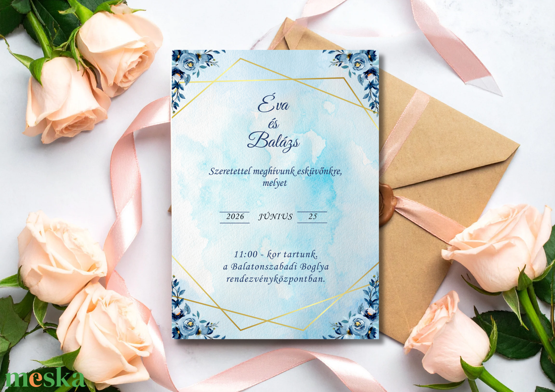 Kék virágos ,arany kerettel esküvői meghívó - esküvő - meghívó & kártya - meghívó - Meska.hu