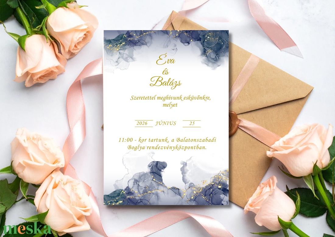 Kék arany esküvői meghívó - esküvő - meghívó & kártya - meghívó - Meska.hu