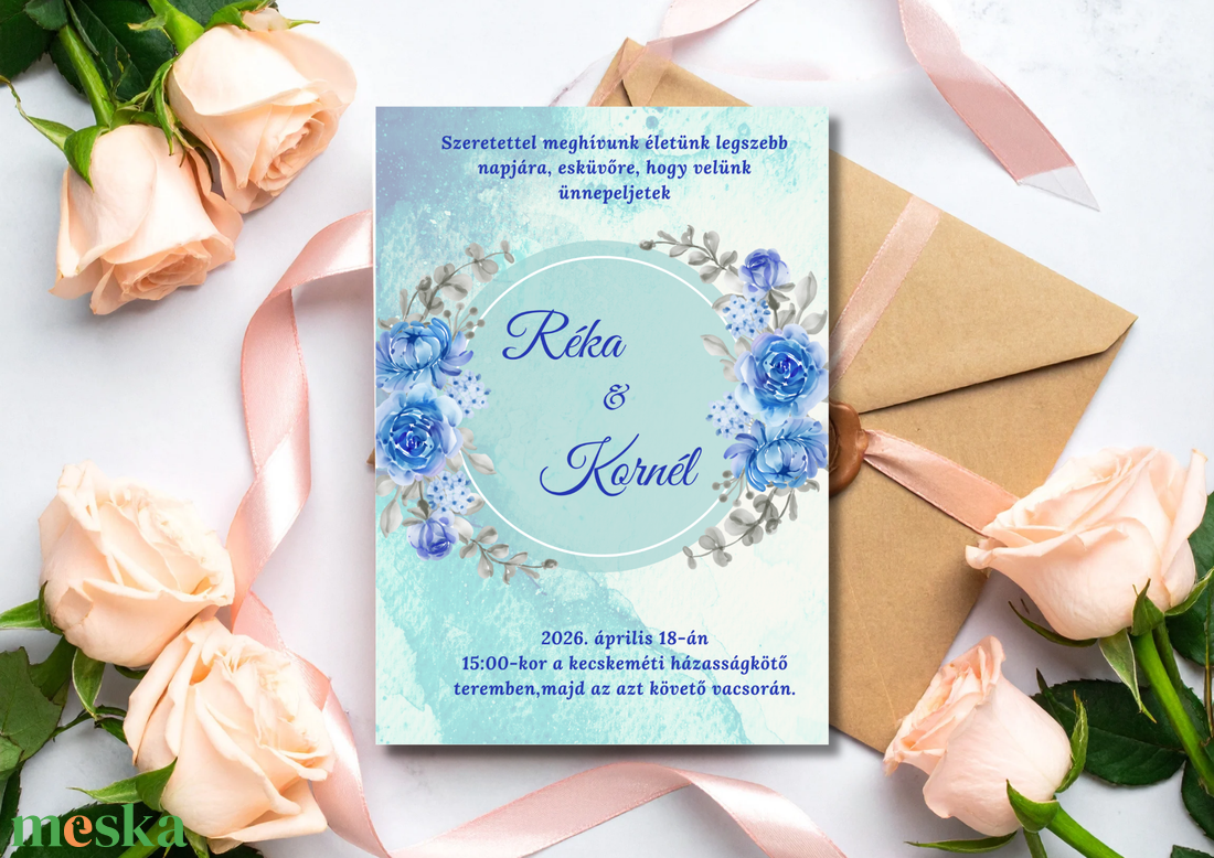Kék virág keretes esküvői meghívó - esküvő - meghívó & kártya - meghívó - Meska.hu
