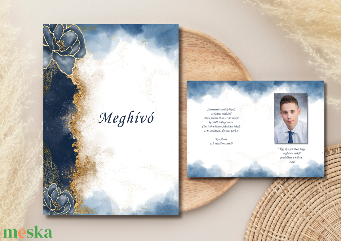 Ballagási meghívó fényképpel - kék arany - otthon & életmód - papír, írószer - ajándékozás kellékei - meghívó - Meska.hu