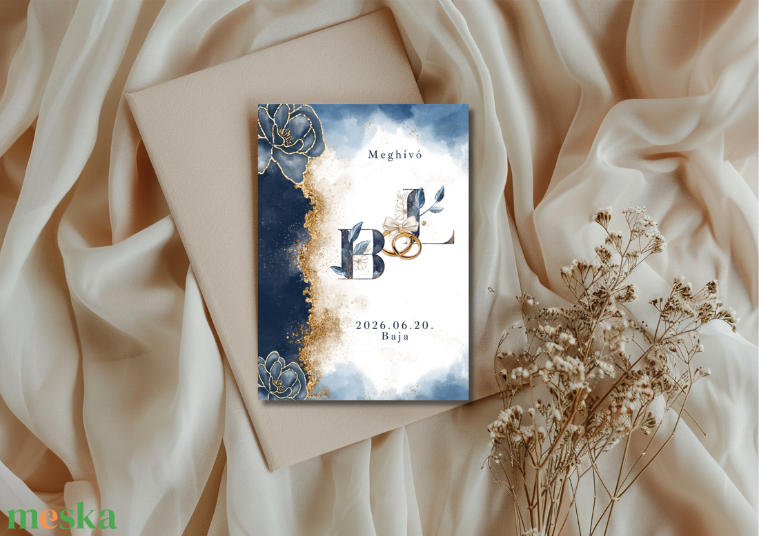 Egyedi esküvői meghívó kék- arany  - esküvő - meghívó & kártya - meghívó - Meska.hu