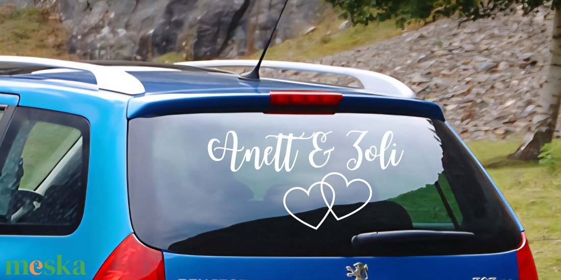 Egyedi esküvői autómatrica névvel , szívvel - otthon & életmód - autó - autós matrica - Meska.hu