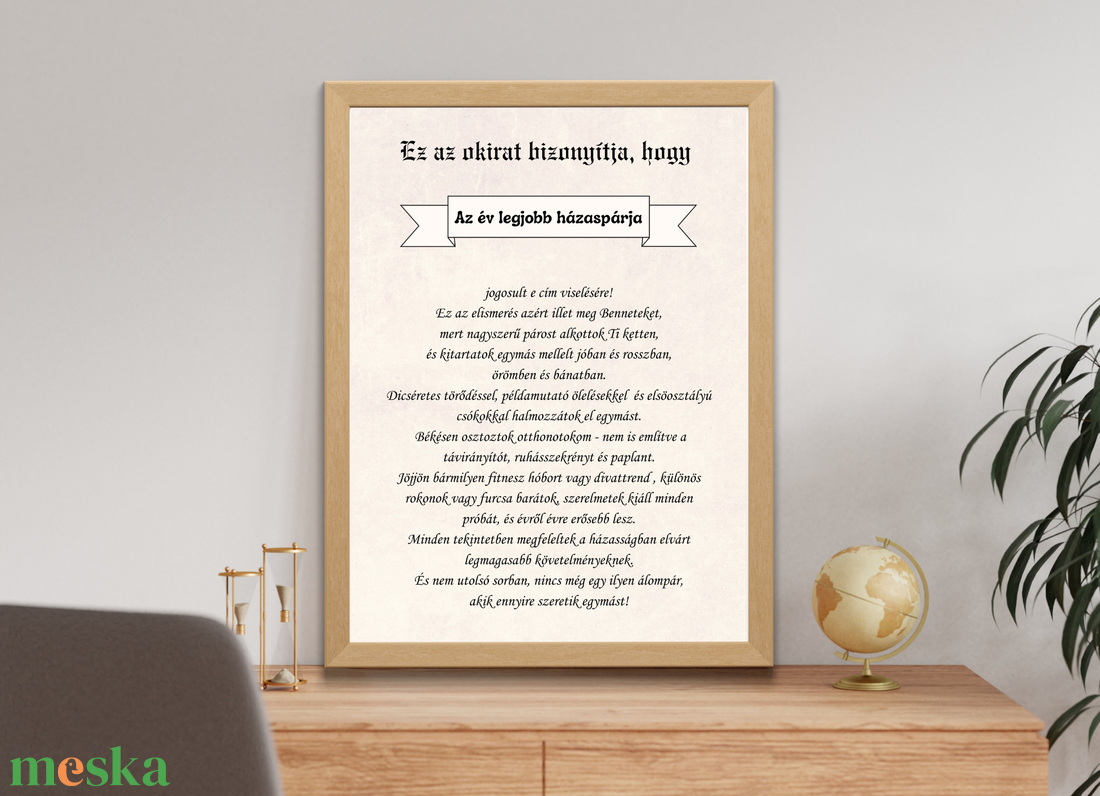 Az év legjobb házaspárja � egyedi oklevél, humoros ajándék pároknak - esküvő - emlék & ajándék - nászajándék - esküvői pénzátadó képkeret - Meska.hu