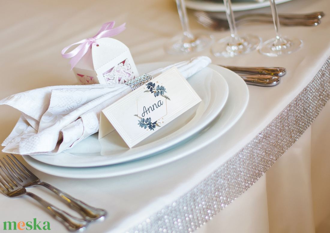 Kék virágos, leveles keretes ülretőkártya - esküvő - meghívó & kártya - ültetési rend - Meska.hu