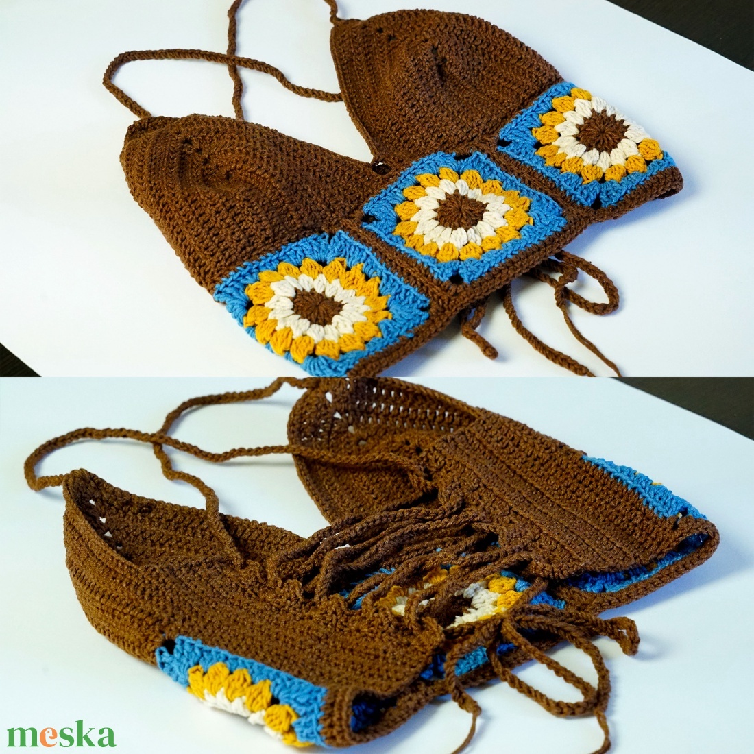 Napraforgós horgolt top, Fűzős horgolt nyári felső, Virágos horgolt croptop - ruha & divat - női ruha - top - Meska.hu