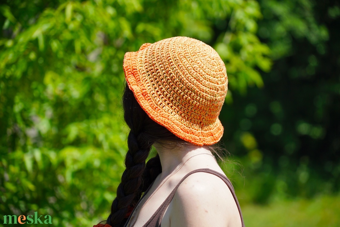 Horgolt kalap, bucket hat, halászsapka, strand kalap, narancssárga organikus pamut fonalból - ruha & divat - sál, sapka, kendő - kalap - Meska.hu