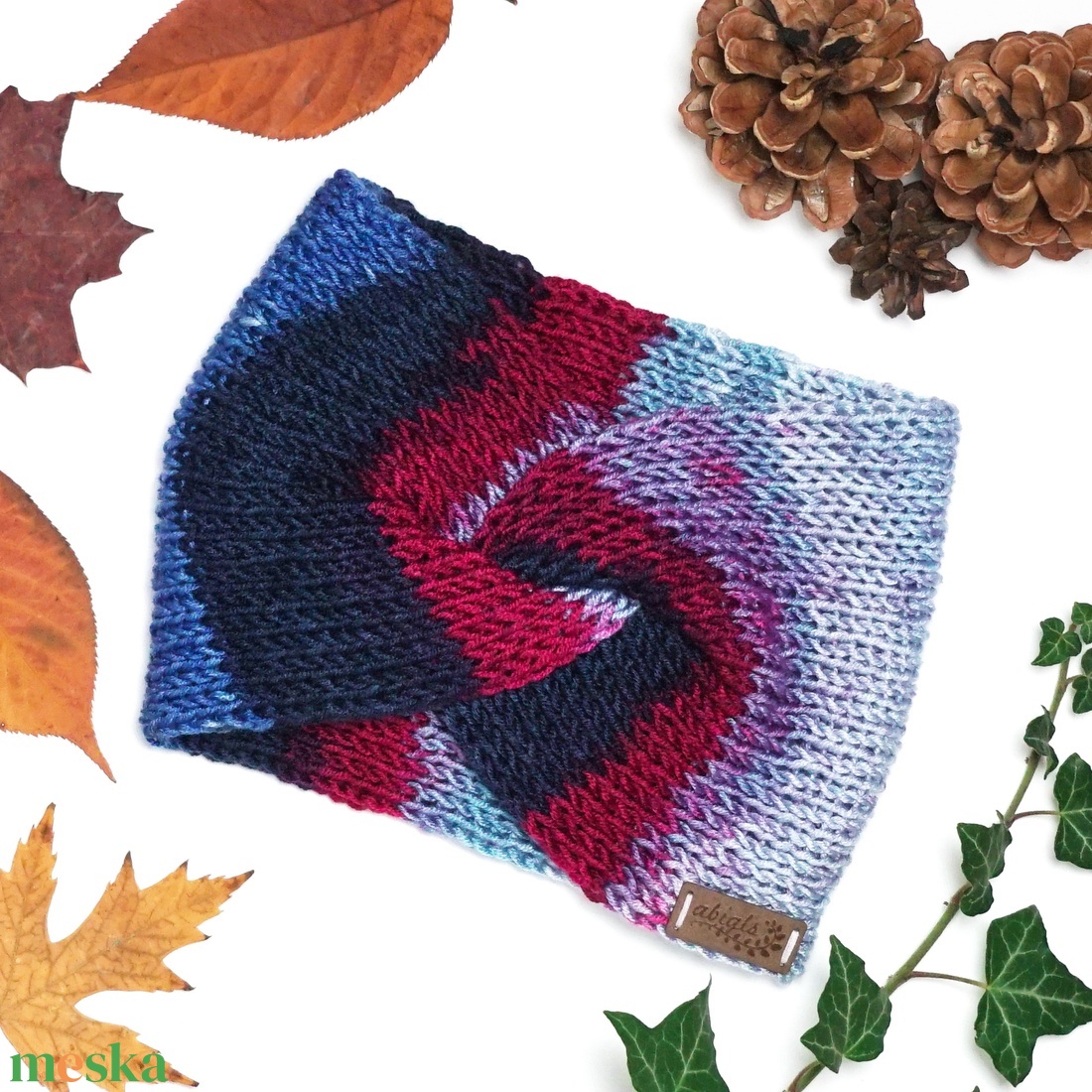 Kék-bordó kötött fülpánt / csavart fülmelegítő / fülvédő - ruha & divat - sál, sapka, kendő - fejpánt - Meska.hu