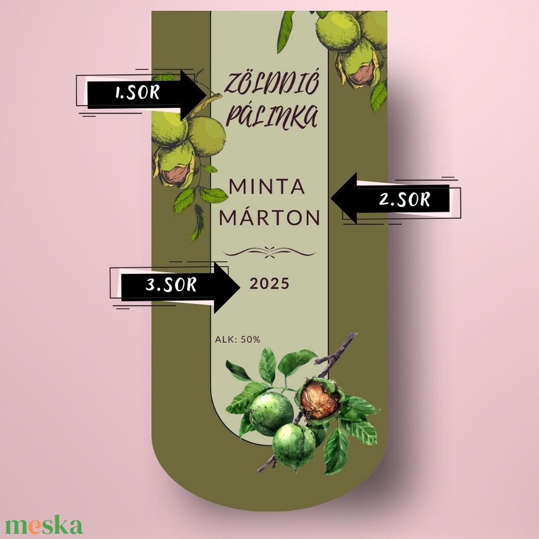 Zölddió pálinka - öntapadós üveg címke - zölddió minta rajzolt hatással - élelmiszer - alkoholos italok - Meska.hu