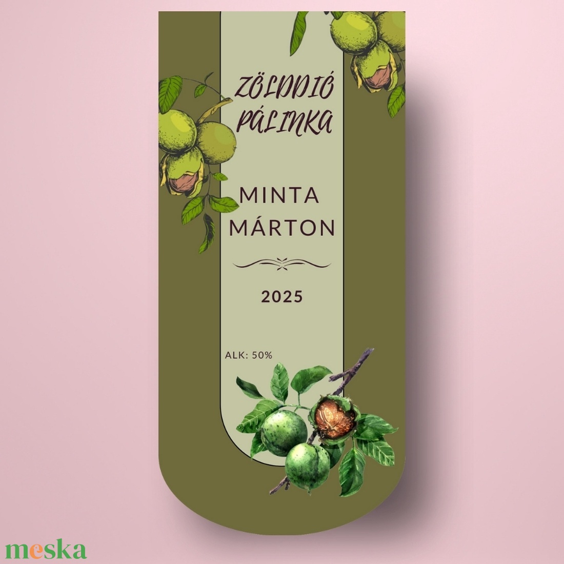 Zölddió pálinka - öntapadós üveg címke - zölddió minta rajzolt hatással - élelmiszer - alkoholos italok - Meska.hu