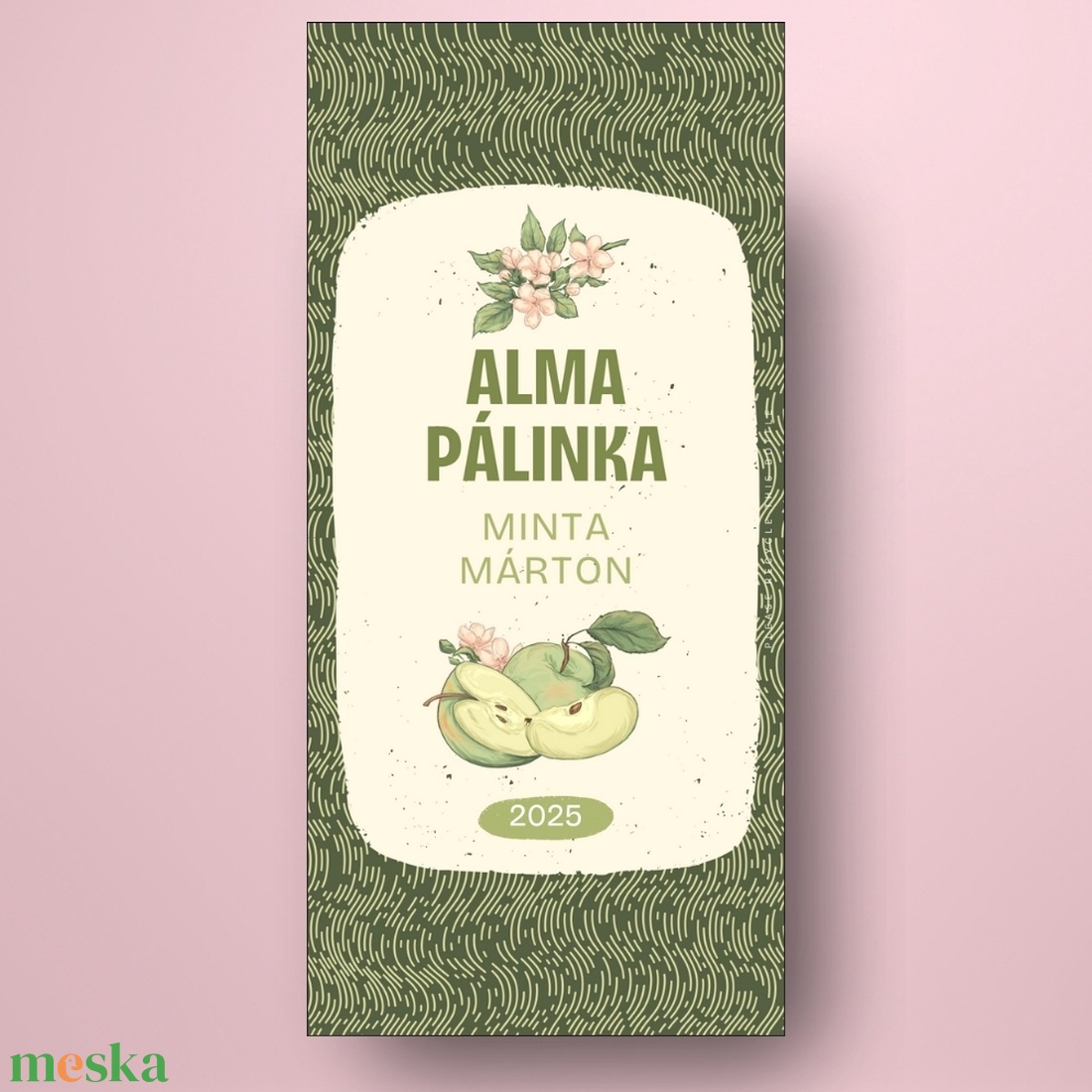 Alma pálinka - öntapadós üveg címke - vékony vonalas alapon zöld almával - élelmiszer - alkoholos italok - Meska.hu