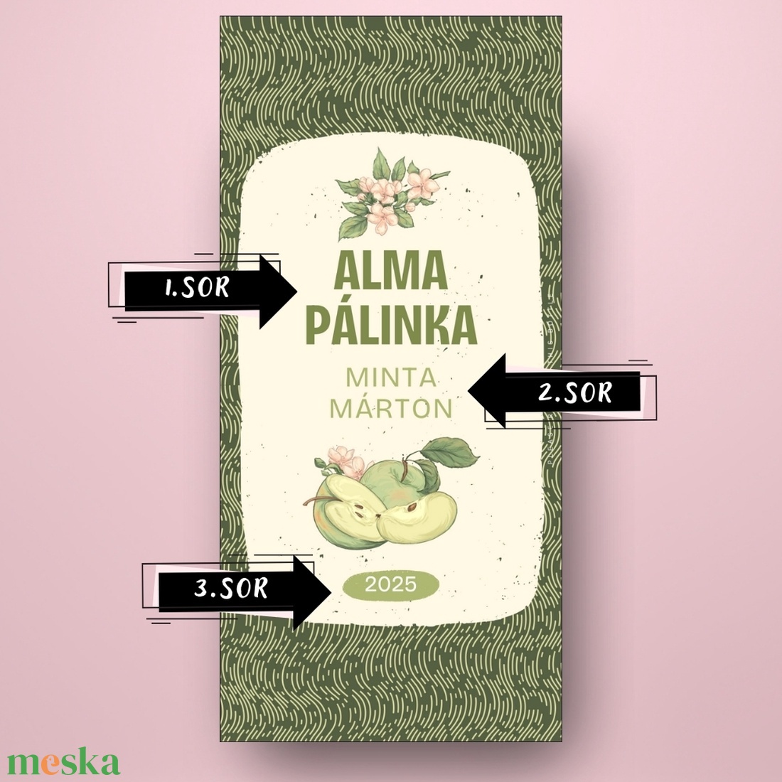 Alma pálinka - öntapadós üveg címke - vékony vonalas alapon zöld almával - élelmiszer - alkoholos italok - Meska.hu