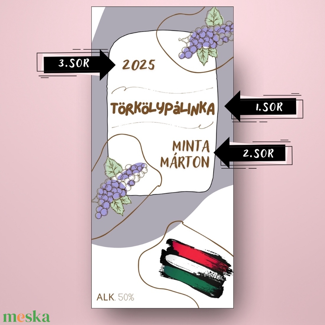 Törköly pálinka - öntapadós üveg címke -  színezett szőlőkkel és magyar zászlóval  - élelmiszer - alkoholos italok - Meska.hu