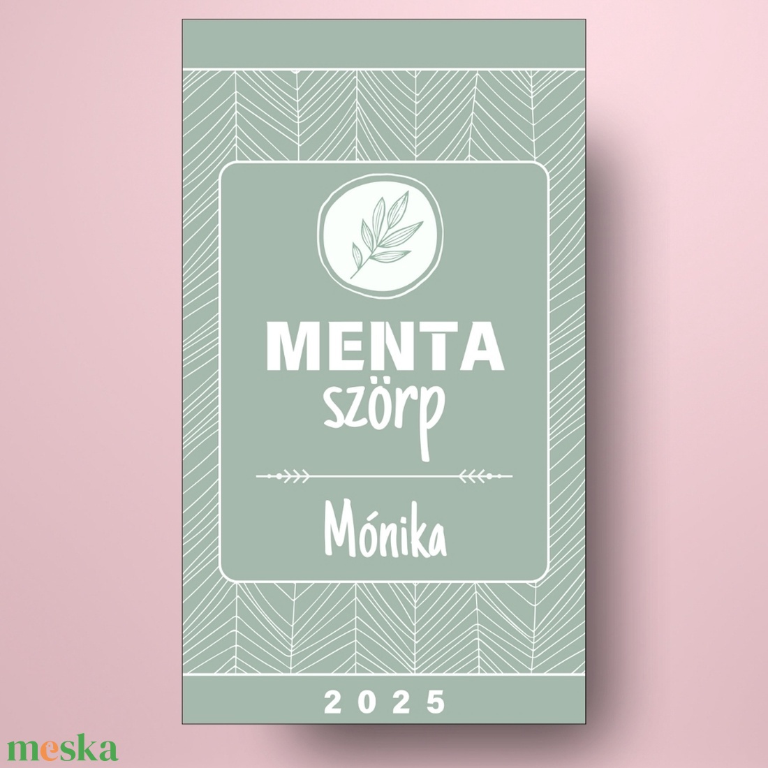 Mentaszörp - öntapadós üveg címke -  zöld alapon fehér vonalrajzokkal  - élelmiszer - szörp - Meska.hu