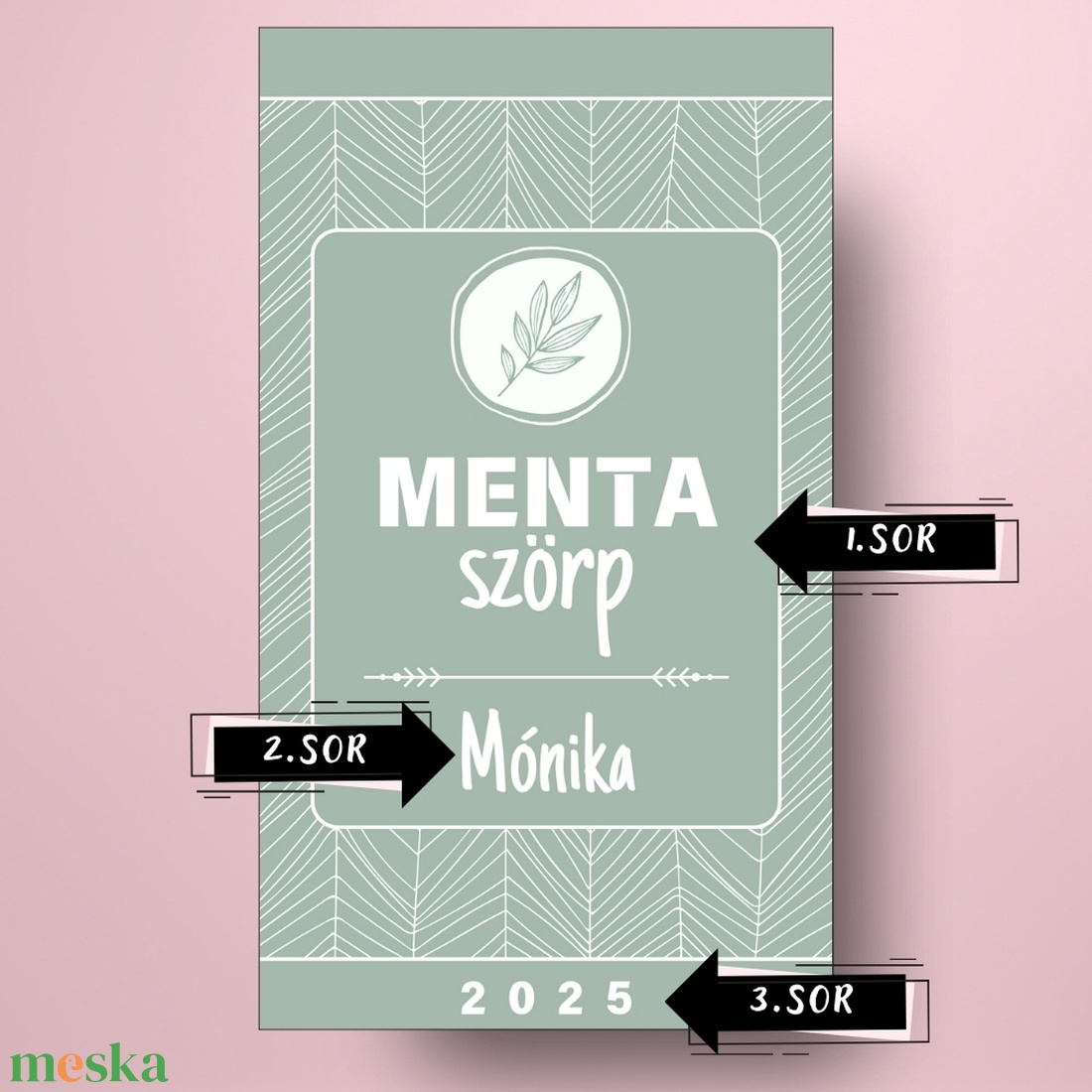 Mentaszörp - öntapadós üveg címke -  zöld alapon fehér vonalrajzokkal  - élelmiszer - szörp - Meska.hu