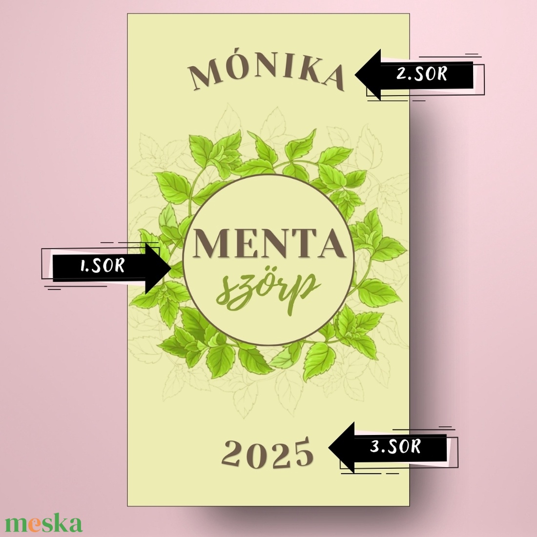 Mentaszörp - öntapadós üveg címke -  mentalevél koszorúval - élelmiszer - szörp - Meska.hu