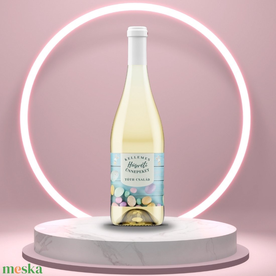 Húsvéti öntapadós üveg címke - kék deszkán színes tojásokkal - élelmiszer - alkoholos italok - Meska.hu