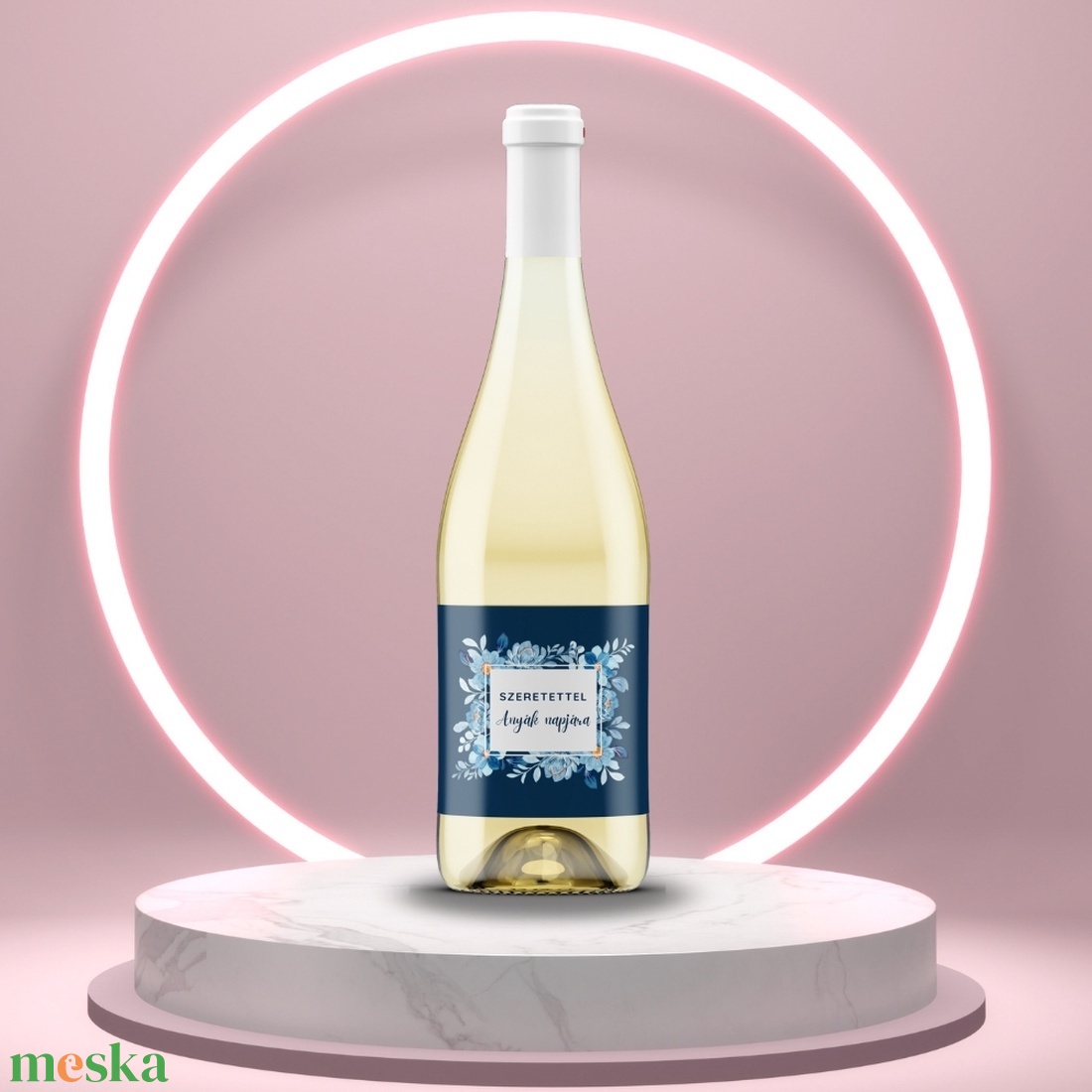 Anyák napi üveg címke - kék virágkerettel - élelmiszer - alkoholos italok - Meska.hu