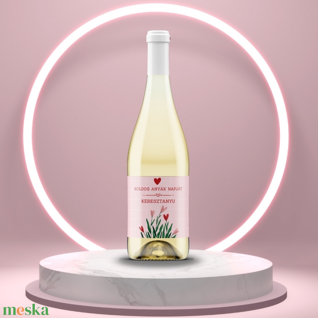 Anyák napi üveg címke - rózsaszín alapon rajzolt virágokkal - élelmiszer - alkoholos italok - Meska.hu