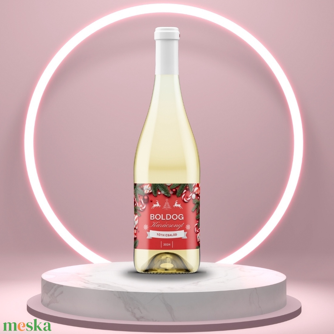 Karácsonyi üveg címke  - piros alapon fenyőlevelekkel - élelmiszer - öntapadós címke - Meska.hu