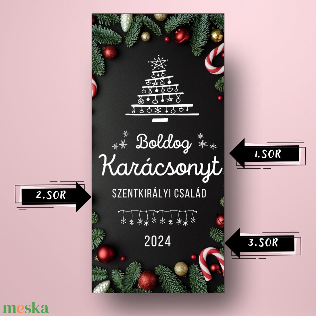 Karácsonyi üveg címke  - fekete alapon fenyőlevelekkel -  - Meska.hu