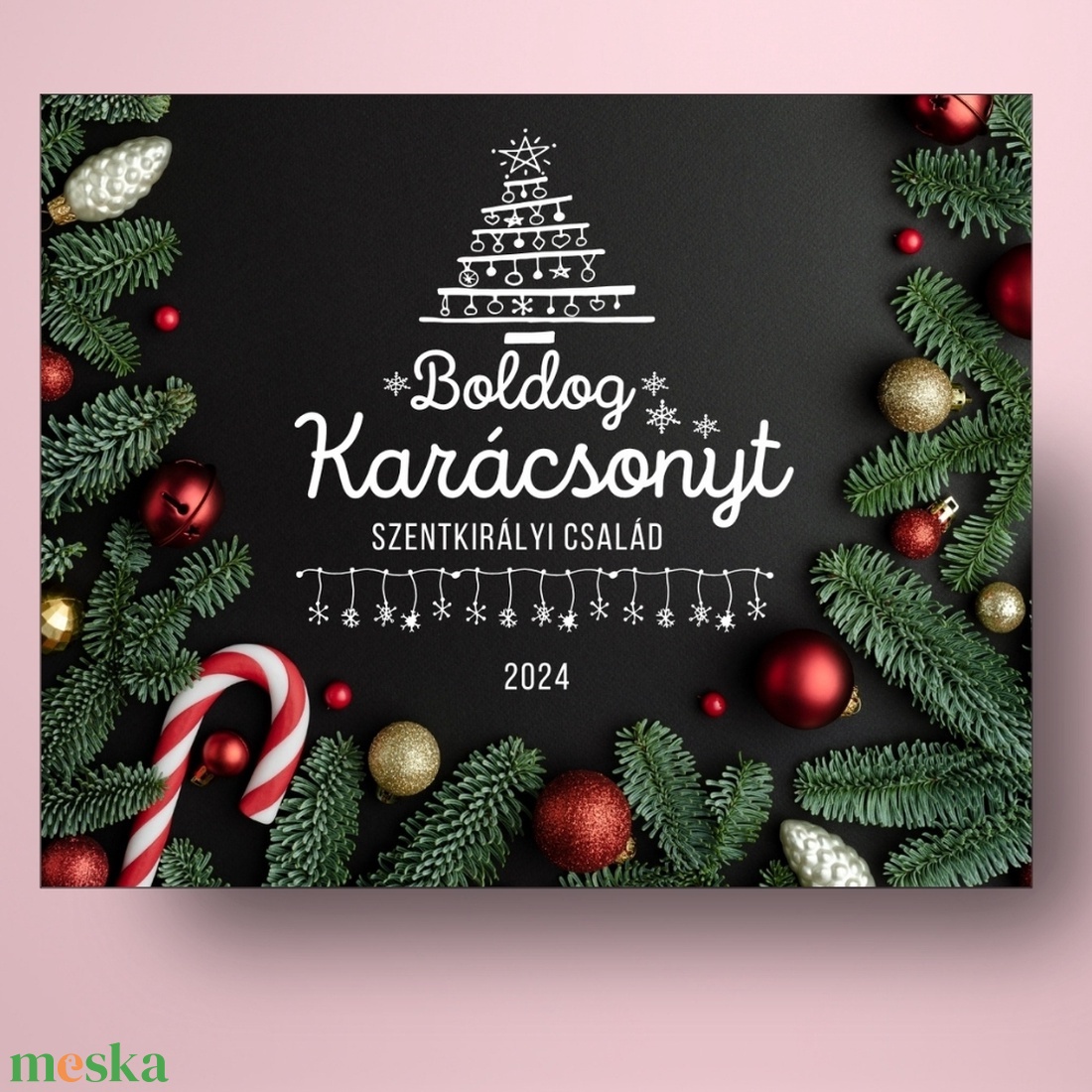 Karácsonyi üveg címke  - fekete alapon fenyőlevelekkel -  - Meska.hu