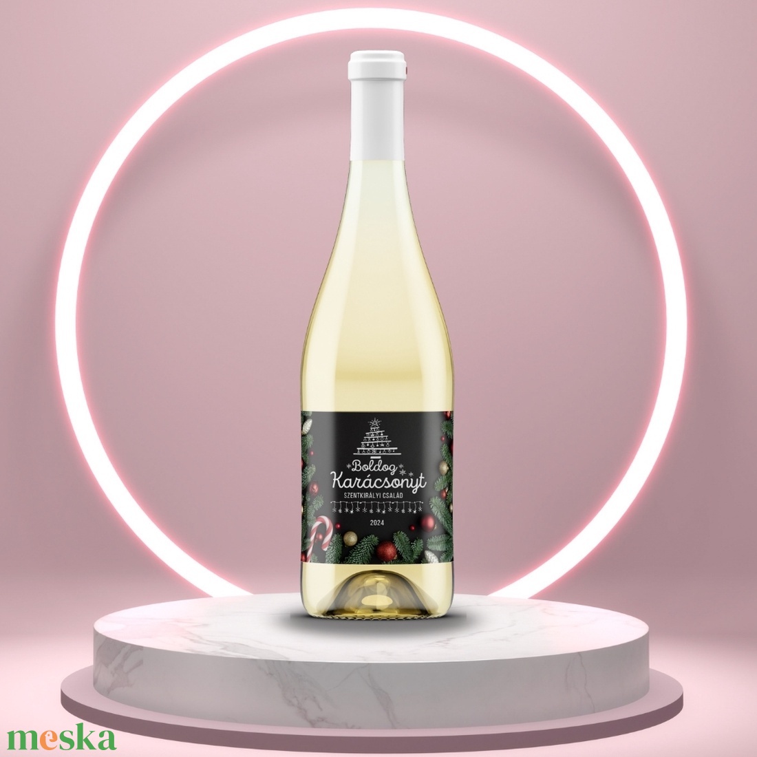 Karácsonyi üveg címke  - fekete alapon fenyőlevelekkel -  - Meska.hu