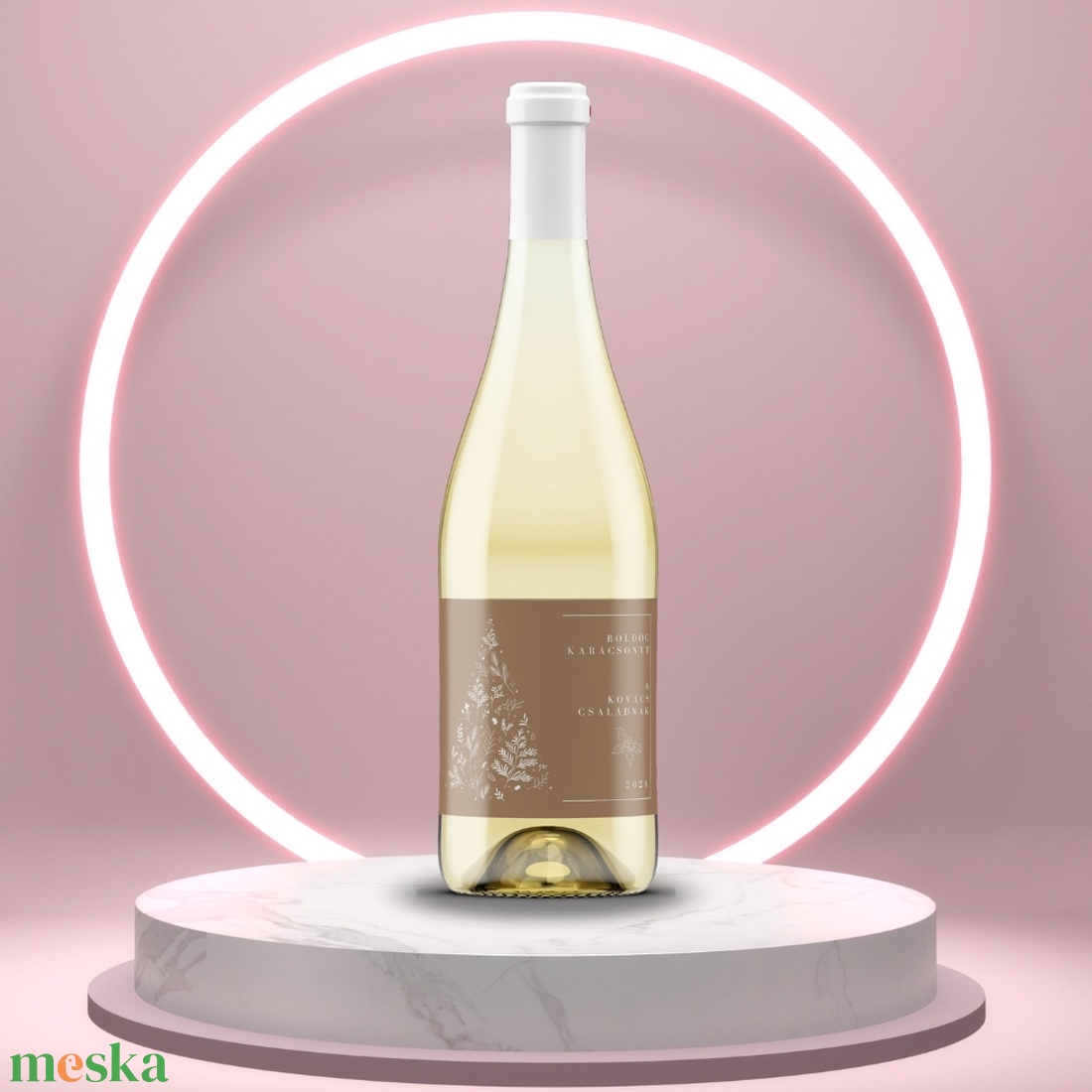 Karácsonyi üveg címke  - barna alapon rajzolt fenyővel - élelmiszer - öntapadós címke - Meska.hu