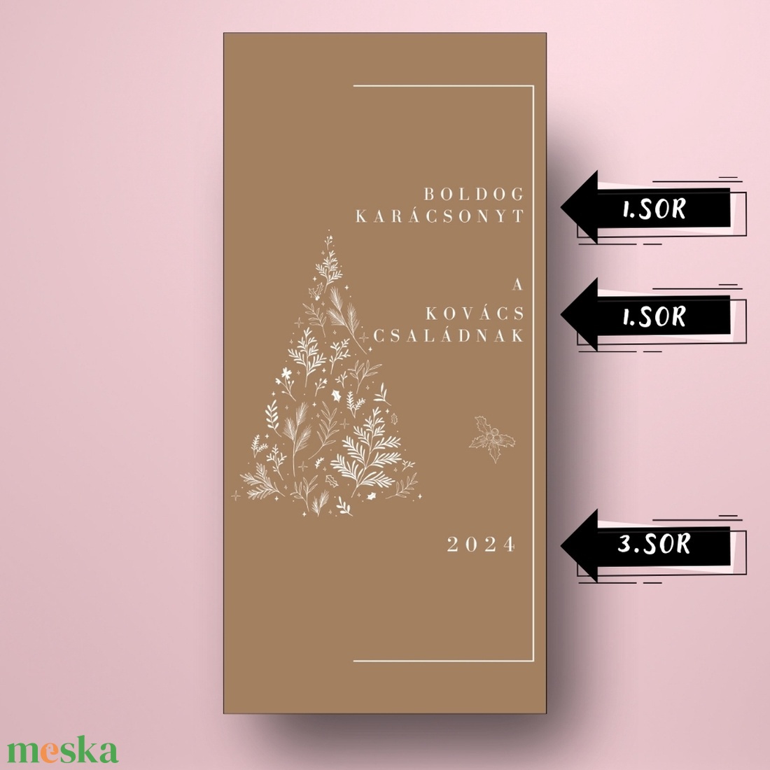 Karácsonyi üveg címke  - barna alapon rajzolt fenyővel - élelmiszer - öntapadós címke - Meska.hu