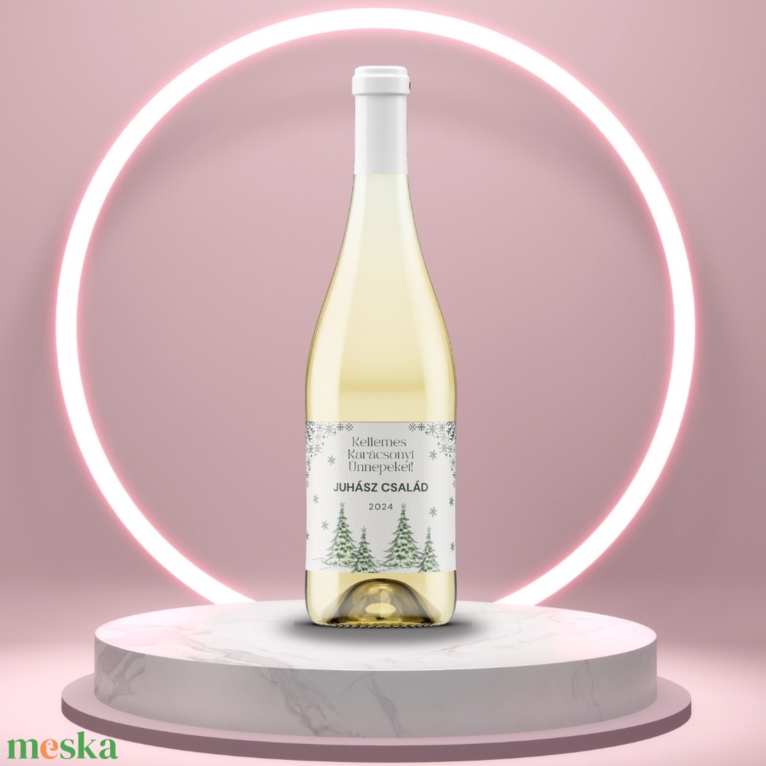 Karácsonyi üveg címke  - fehér alapon rajzolt fenyőkkel - élelmiszer - öntapadós címke - Meska.hu