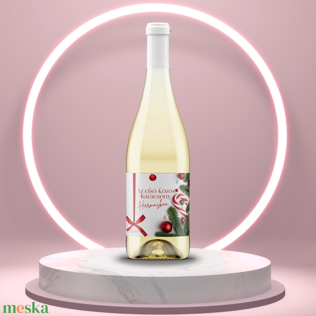Karácsonyi üveg címke  - fehér alapon piros masnival - élelmiszer - öntapadós címke - Meska.hu