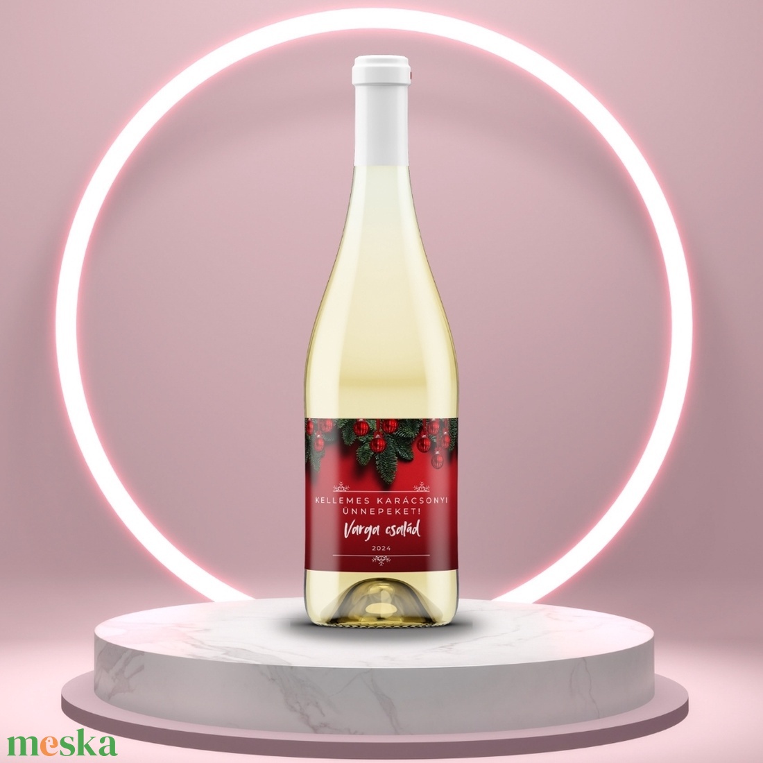 Karácsonyi üveg címke  - piros alapon fenyőlevelekkel és gömbökkel - élelmiszer - öntapadós címke - Meska.hu