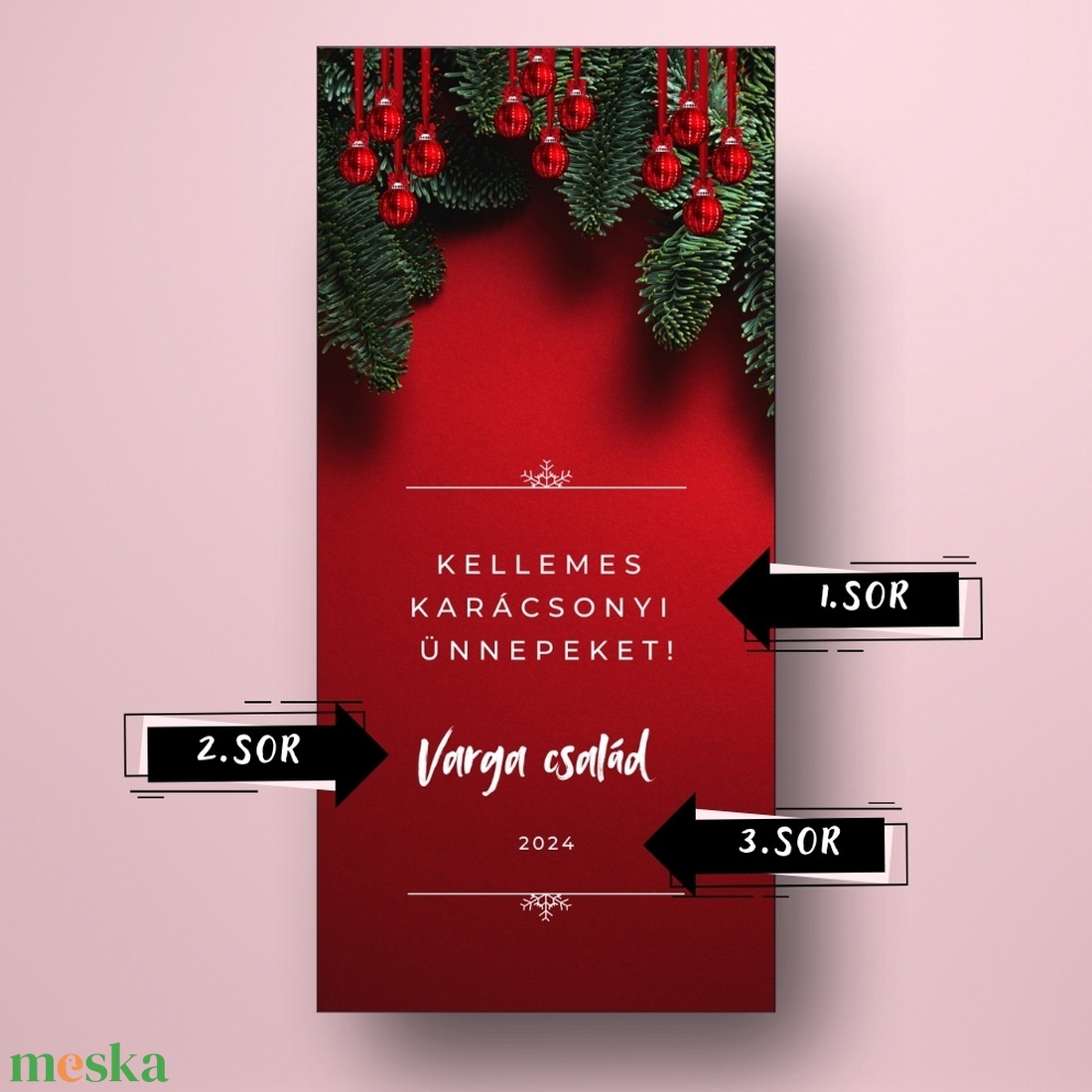 Karácsonyi üveg címke  - piros alapon fenyőlevelekkel és gömbökkel - élelmiszer - öntapadós címke - Meska.hu