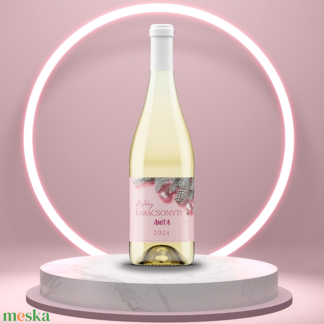 Karácsonyi üveg címke  - rózsaszín alapon fenyővel  - élelmiszer - öntapadós címke - Meska.hu