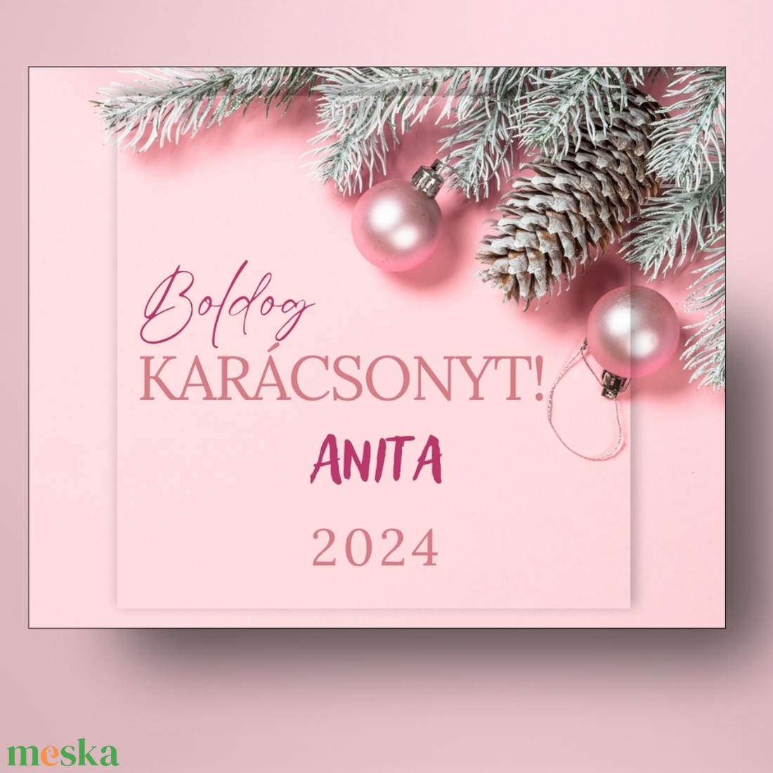 Karácsonyi üveg címke  - rózsaszín alapon fenyővel  - élelmiszer - öntapadós címke - Meska.hu