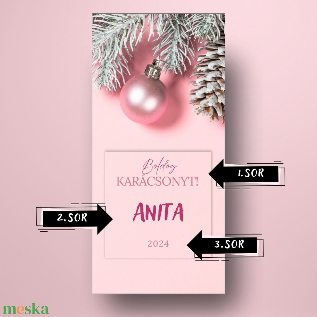 Karácsonyi üveg címke  - rózsaszín alapon fenyővel  - élelmiszer - öntapadós címke - Meska.hu