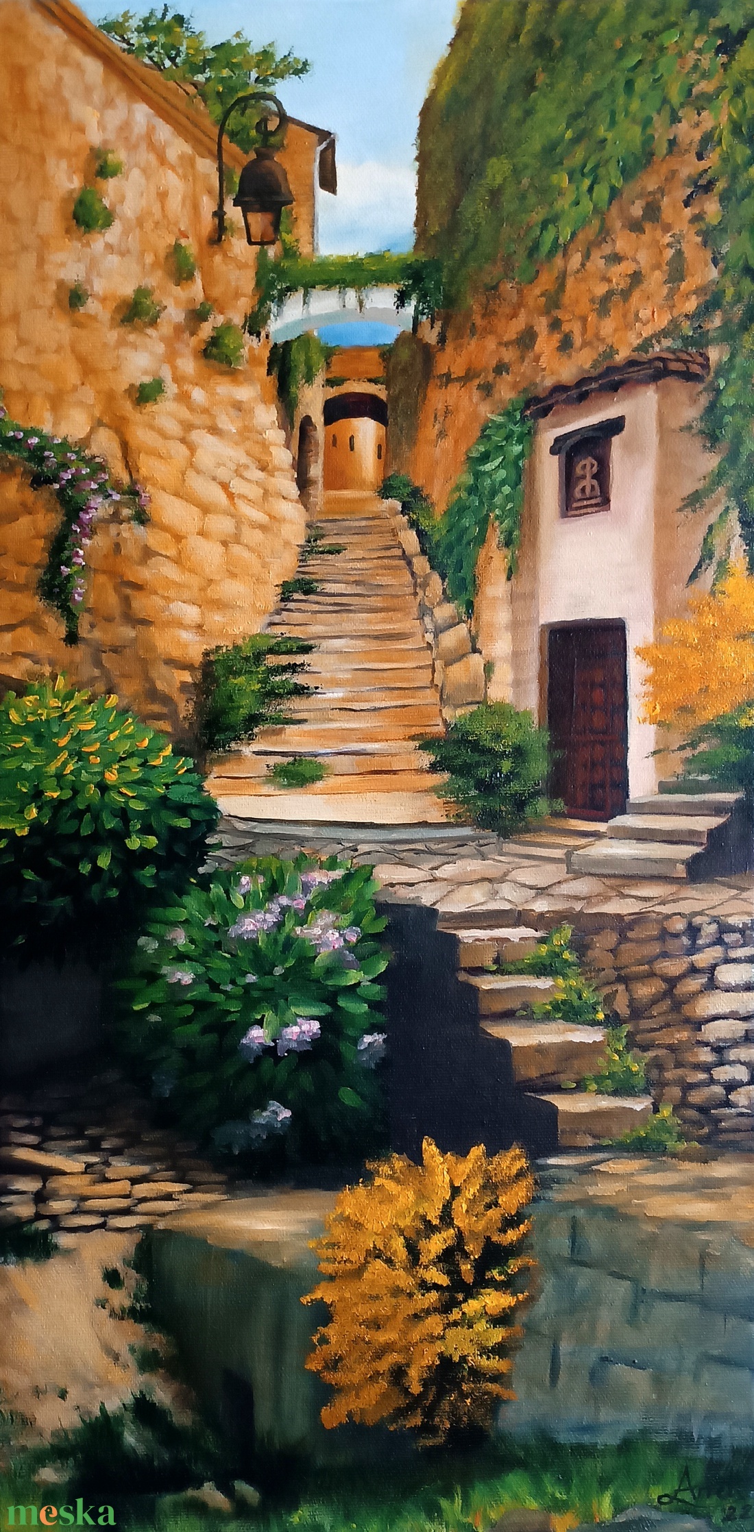 Mediterrán lépcsők - művészet - festmény - olajfestmény - Meska.hu