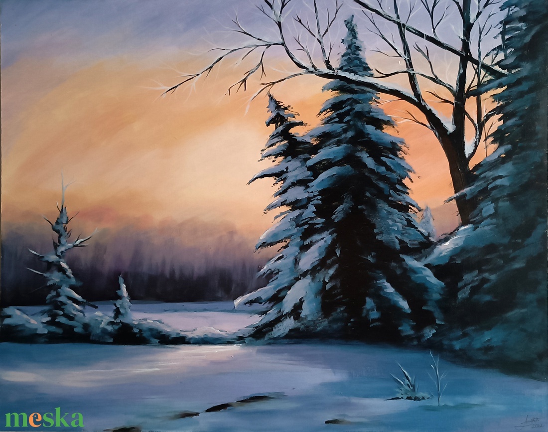 Téli fenyves naplementében - művészet - festmény - akril - Meska.hu